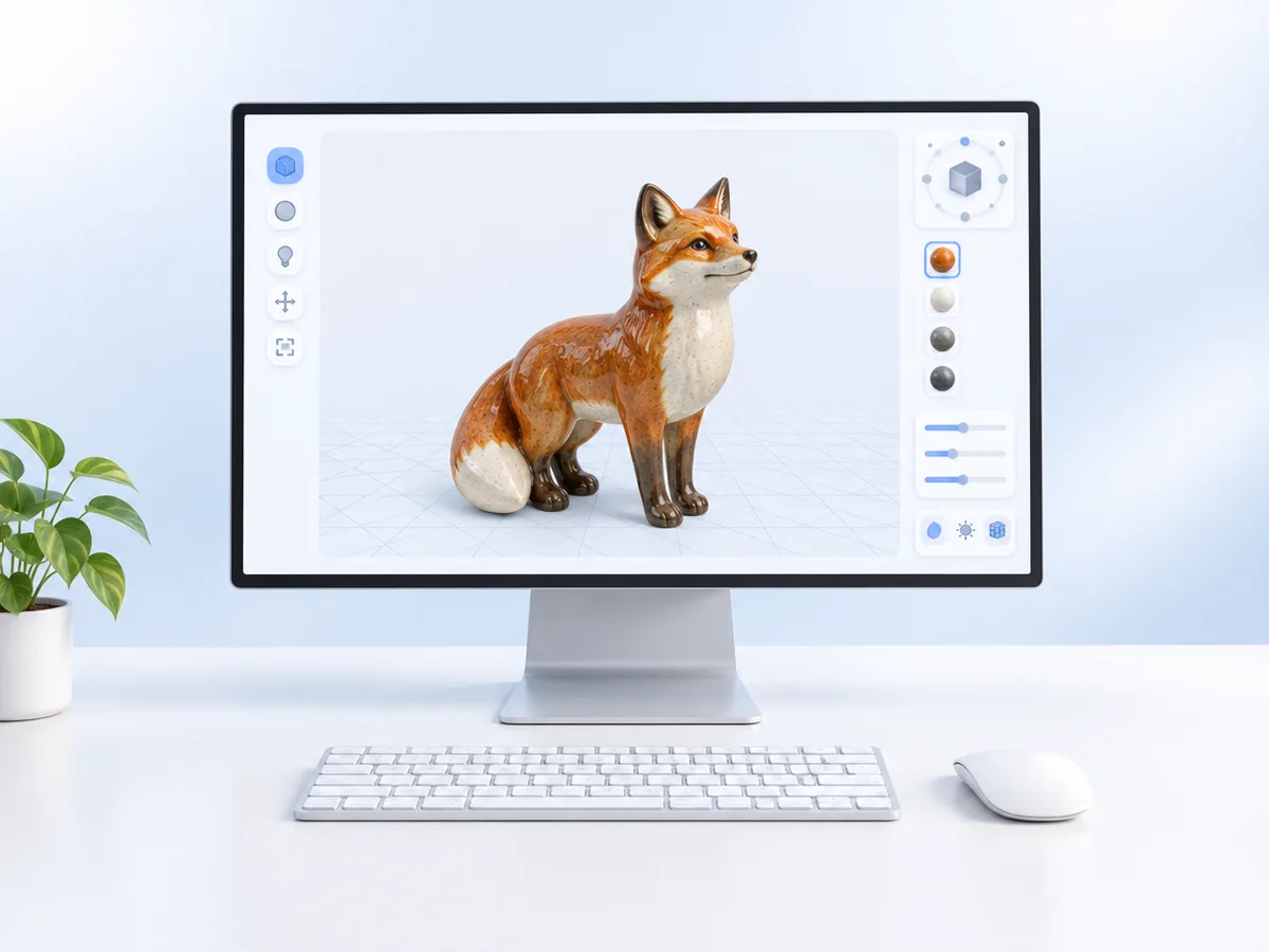 A desktop monitor showing a textured 3D figurine in a model viewer