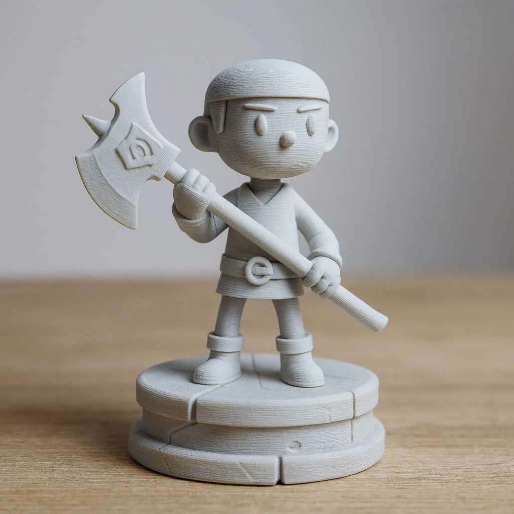 Example: a finished grey 3D print of a cartoon character on a round base