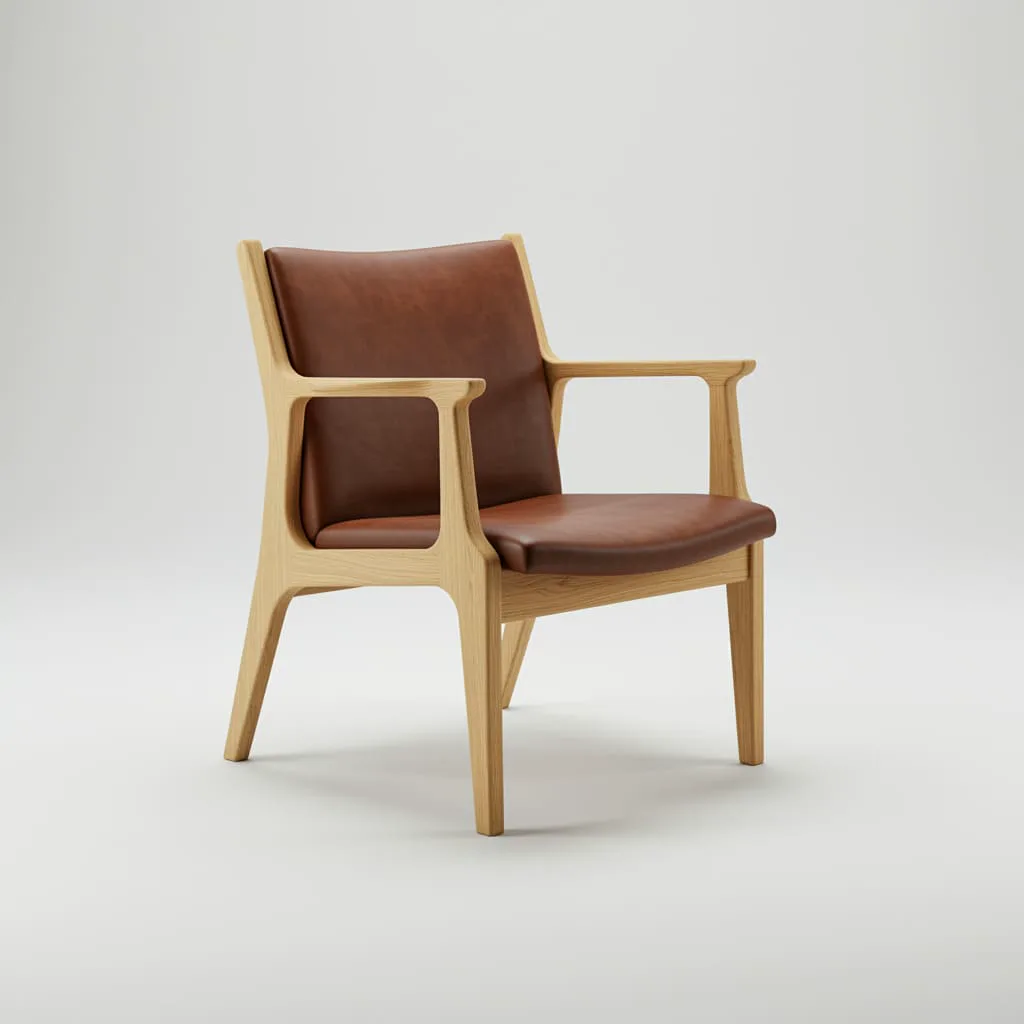 Wooden lounge chair with a leather seat on a plain light background