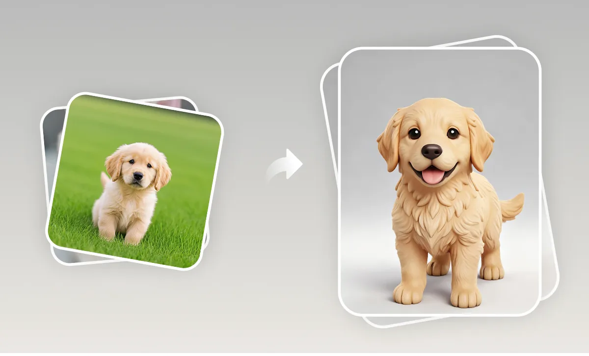 A puppy photo next to a stylized pet figurine based on it
