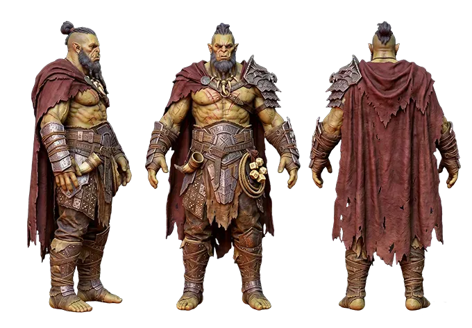 Example: an orc warrior game character shown from the front, side and back