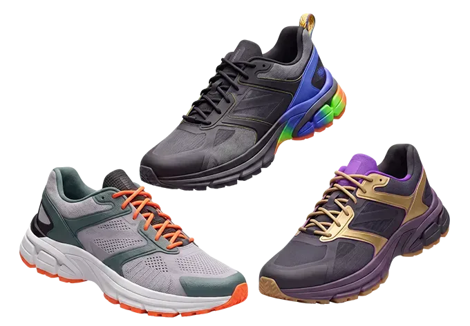 Three athletic sneaker models in different colorways