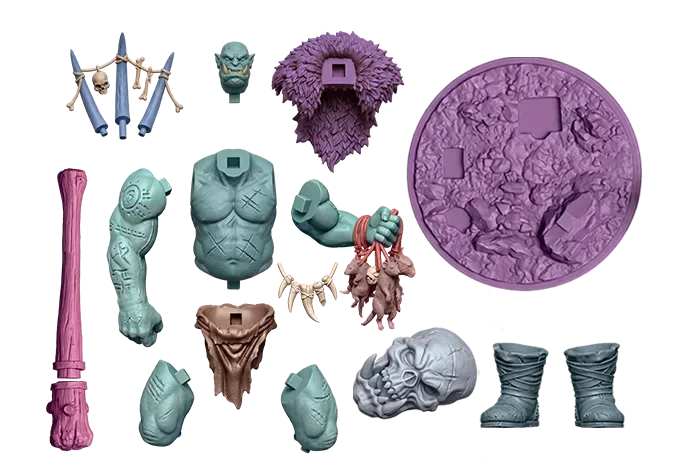A troll warrior miniature split into separate printable parts