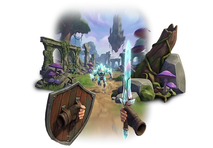 Example: a first-person VR fantasy scene with a crystal sword and shield